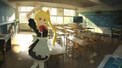 Rule 34 | 1girl, absurdres, apron, black dress, blonde hair, bocchi the rock!, chair, chalkboard, classroom, closed mouth, desk, dress, frilled apron, frilled dress, frills, highres, ijichi nijika, indoors, jl tan, long hair, looking at viewer, puffy short sleeves, puffy sleeves, red eyes, school chair, school desk, short sleeves, side ponytail, solo, television, thighhighs, white apron, white thighhighs, window