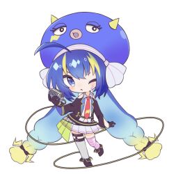 Rule 34 | 1girl, 7takada, ;o, absurdly long hair, ahoge, asymmetrical legwear, bare shoulders, belt, black bow, black footwear, black gloves, black jacket, blonde hair, blue eyes, blue hair, bow, braid, cable, chibi, clothing cutout, collared shirt, eel hat, facial mark, fake horns, full body, gloves, gradient hair, grey thighhighs, hair bow, hat, holding, holding microphone, horned headwear, horns, jacket, lightning bolt print, long hair, long sleeves, low-braided long hair, low-tied long hair, microphone, miniskirt, mismatched legwear, multicolored hair, musical note, necktie, one eye closed, otomachi una, otomachi una (spicy), pink thighhighs, pleated skirt, print necktie, print thighhighs, red necktie, see-through, shirt, shoulder cutout, sidelocks, simple background, skirt, solo, standing, standing on one leg, streaked hair, thigh belt, thigh strap, thighhighs, twin braids, twintails, two-sided fabric, very long hair, vocaloid, white background