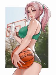 Rule 34 | 1girl, artist name, ball, bare shoulders, basketball, basketball (object), basketball hoop, blush, border, bottle, brand name imitation, breasts, chloe (sciamano240), cowboy shot, earrings, freckles, from side, hair tie, highres, holding, holding ball, jewelry, long hair, looking at viewer, looking to the side, medium breasts, original, outside border, parted lips, pink eyes, pink hair, pink lips, ponytail, sciamano240, short shorts, shorts, sidelocks, signature, smile, solo, sports bra, water bottle, white border
