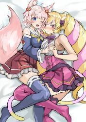 Rule 34 | 2girls, ahoge, animal ears, armpit peek, bed sheet, bell, blonde hair, blue eyes, blush, bow, breasts, cat ears, cat girl, cat tail, commentary, detached sleeves, dress, drill hair, fox ears, fox girl, fox tail, hair bow, holding hands, heart, heart in eye, howan (show by rock!!), interlocked fingers, jingle bell, large breasts, long hair, mashima himeko (show by rock!!), medium breasts, multicolored hair, multiple girls, nail polish, no shoes, one eye closed, open mouth, pink hair, puru, red eyes, short hair, show by rock!!, sideboob, skirt, smile, symbol in eye, tail, thighhighs, twintails, very long hair, wavy mouth, white hair, yuri