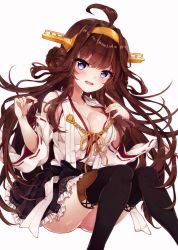 Rule 34 | 1girl, ahoge, bare shoulders, black footwear, black skirt, blush, boots, breasts, brown hair, cleavage, collarbone, detached sleeves, double bun, hair bun, hairband, headgear, japanese clothes, kantai collection, kongou (kancolle), kongou kai ni (kancolle), large breasts, long hair, looking at viewer, nontraditional miko, open clothes, open mouth, open shirt, ribbon-trimmed sleeves, ribbon trim, runako, simple background, skirt, smile, solo, thigh boots, thighhighs, white background
