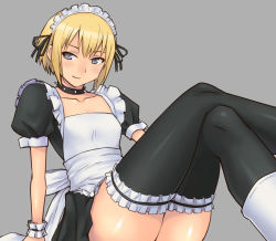 Rule 34 | 1girl, arm support, black thighhighs, blonde hair, blue eyes, blush, collar, collarbone, crossed legs, flat chest, frilled thighhighs, frills, hashi, kon futaba, looking at viewer, maid, maid headdress, short hair, simple background, sitting, smile, solo, soredemo machi wa mawatteiru, spiked collar, spikes, thighhighs, wrist cuffs
