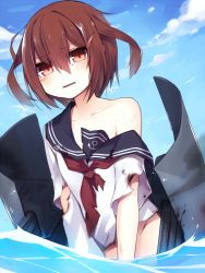 Rule 34 | 10s, 1girl, bad id, bad pixiv id, brown eyes, brown hair, fang, hair ornament, hairclip, ikazuchi (kancolle), kantai collection, muryotaro, off shoulder, school uniform, short hair, solo, tears, torn clothes, water