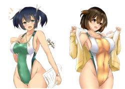 Rule 34 | 2girls, adapted costume, alternate costume, blue hair, blush, breasts, brown hair, collarbone, competition swimsuit, covered navel, cowboy shot, green eyes, groin, hair between eyes, hair ribbon, highleg, highleg swimsuit, hiryuu (kancolle), holding, holding clothes, holding jacket, impossible clothes, jacket, kantai collection, kuga zankurou, large breasts, long sleeves, looking at viewer, multiple girls, one-piece swimsuit, one side up, open clothes, open jacket, open mouth, ribbon, short hair, simple background, smile, souryuu (kancolle), standing, swimsuit, swimsuit under clothes, thighs, track jacket, twintails, twitter username, white background, yellow one-piece swimsuit
