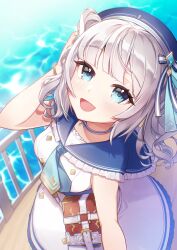 Rule 34 | 1girl, absurdres, arm up, ars almal, blue eyes, breasts, choker, dress, from above, hat, highres, looking at viewer, medium breasts, medium hair, nijisanji, ocean, open mouth, outdoors, smile, solo, user udep2738, virtual youtuber, white hair
