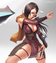Rule 34 | 1girl, arm blade, breasts, brown eyes, brown hair, cleavage, detached sleeves, fire emblem, fire emblem fates, grey background, hair over one eye, hybridmink, kagero (fire emblem), kunai, large breasts, lips, loincloth, long hair, ninja, nintendo, obi, ponytail, sash, scarf, serious, shiny skin, simple background, solo, thighs, weapon, yellow scarf