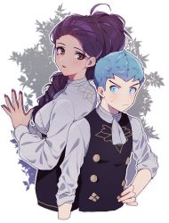 Rule 34 | 1boy, 1girl, back-to-back, blue hair, blush, braid, braided ponytail, brown eyes, caspar von bergliez, facial mark, fire emblem, fire emblem: three houses, from behind, garreg mach monastery uniform, hand on own hip, hands together, height difference, highres, light blue hair, long hair, long sleeves, looking back, nail polish, nintendo, petra macneary, ponytail, purple hair, short hair, simple background, sleeves rolled up, tokika asr, uniform, white background