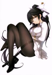 Rule 34 | 1girl, absurdres, azur lane, black hair, blush, bow, breasts, brown eyes, buttons, crossed legs, full body, gloves, hair bow, highres, katana, large breasts, loafers, long hair, long sleeves, looking at viewer, military, military uniform, pantyhose, parted lips, ponytail, scan, shiny clothes, shoes, simple background, single shoe, skirt, solo, sword, takao (azur lane), tony taka, uniform, weapon, white background