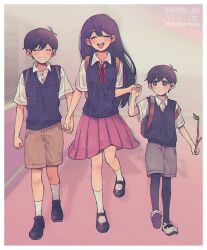 Rule 34 | 1girl, 2boys, black eyes, black footwear, black hair, black socks, black sweater vest, blush, border, brother and sister, brown shorts, closed mouth, collared shirt, commentary, english commentary, grey shorts, highres, holding, holding hands, holding stick, inset border, long hair, looking at another, maromichan, multiple boys, official style, omocat (style), omori, open mouth, pink skirt, red ribbon, ribbon, shirt, short hair, short sleeves, shorts, siblings, skirt, smile, socks, stick, sunny (omori), sweater vest, walking, white border, white footwear, white shirt, white socks