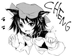 Rule 34 | 1girl, :3, animal ears, bow, cat ears, character name, chen, fangs, greyscale, hat, makuwauri, monochrome, open mouth, paw print, ribbon, simple background, solo, touhou, white background