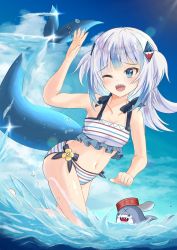 Rule 34 | 1girl, bloop (gawr gura), blue eyes, blue hair, blue sky, breasts, cleavage, cloud, fins, fish tail, frilled swimsuit, frills, gawr gura, hair ornament, hololive, hololive english, looking at viewer, medium hair, micex, multicolored hair, navel, ocean, one-piece swimsuit, one eye closed, shark girl, shark hair ornament, shark tail, sharp teeth, short twintails, sky, small breasts, splashing, streaked hair, striped clothes, striped one-piece swimsuit, swimsuit, tail, teeth, twintails, virtual youtuber, water, white hair