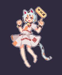 Rule 34 | 1girl, :d, animal ears, barefoot, belt collar, black background, brown hair, cat ears, cat tail, coin, collar, full body, goutokuji mike, haimai, maneki-neko, multicolored clothes, multicolored hair, multicolored shirt, multicolored skirt, multicolored tail, open mouth, orange hair, pixel art, pointing, pointing up, short hair, simple background, skirt, smile, solo, standing, streaked hair, tail, touhou, white hair