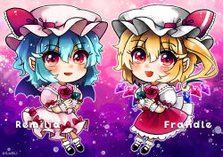 Rule 34 | 2girls, back bow, bat wings, black footwear, blonde hair, blue hair, bobby socks, bow, character name, chibi, commentary request, fang, flandre scarlet, frilled skirt, frilled sleeves, frills, full body, gradient background, hat, highres, looking at viewer, maa (forsythia1729), mary janes, medium hair, mob cap, multicolored wings, multiple girls, open mouth, pink background, pink headwear, pink shirt, pink skirt, puffy short sleeves, puffy sleeves, purple background, red eyes, red ribbon, red skirt, red vest, remilia scarlet, ribbon, ribbon-trimmed headwear, ribbon trim, shirt, shoes, short hair, short sleeves, siblings, side ponytail, sisters, skin fang, skirt, socks, touhou, vest, white bow, white headwear, white shirt, white socks, wings, wrist cuffs