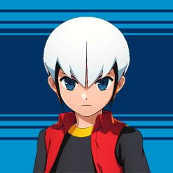 Rule 34 | 1boy, black hair, black shirt, blue background, blue eyes, eugene chaud (mega man), expressionless, long sleeves, looking at viewer, male focus, mega man (series), mega man battle network, mega man battle network (series), mega man x (series), mega man x dive, mizuno keisuke, multicolored hair, official art, serious, shirt, short hair, sleeveless, sleeveless jacket, solo, third-party source, two-tone hair, white hair