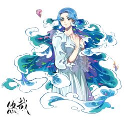 Rule 34 | 1girl, black eyes, blue hair, character request, closed mouth, dress, feiren zai, fish, grey pupils, hair intakes, hands on own chest, hands up, highres, liquid hair, long hair, simple background, smile, solo, very long hair, white background, white dress, youzaiyouzai112