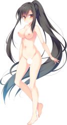 Rule 34 | 1girl, absurdly long hair, absurdres, barefoot, black hair, blush, breasts, censored, collarbone, completely nude, full body, high ponytail, highres, large breasts, long hair, looking at viewer, navel, nipples, non-web source, nude, official art, ponytail, red eyes, shougun-sama wa otoshigoro, shouna mitsuishi, smile, solo, tokuda yoshimune, transparent background, very long hair