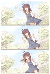 Rule 34 | +++, 1girl, 3koma, :d, :t, ^ ^, animal ears, arm up, bare arms, bare shoulders, black hair, blue sky, blush, chinchin kemokemo, closed eyes, closed mouth, cloud, cloudy sky, comic, day, dog ears, dog girl, dog tail, drawstring, fang, frisbee, fujisaki yuu, grass, hair ornament, hairclip, hood, hood down, hoodie, in the face, long hair, narugami yuzuriha, nature, open mouth, original, outdoors, overall skirt, silent comic, sky, sleeveless, sleeveless hoodie, smile, standing, tail, tree, waving, white hoodie, you&#039;re doing it wrong