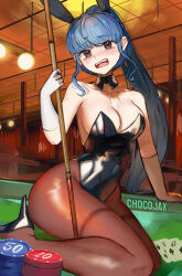 Rule 34 | 1girl, alternate costume, alternate hairstyle, animal ears, bare shoulders, black leotard, blue hair, blush, breasts, brown eyes, chocojax, cleavage, cue stick, detached collar, embarrassed, fake animal ears, fire emblem, fire emblem: three houses, gloves, highres, large breasts, leotard, long hair, looking at viewer, marianne von edmund, nintendo, pantyhose, playboy bunny, ponytail, rabbit ears, solo, strapless, strapless leotard, very long hair
