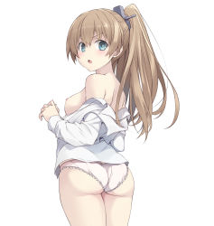 Rule 34 | 1girl, :o, ass, bare shoulders, blue eyes, bra, breasts, brown hair, commentary request, cowboy shot, from side, graphite (medium), hair ornament, highres, kantai collection, kumano (kancolle), long hair, medium breasts, off-shoulder shirt, off shoulder, open mouth, panties, pink panties, ponytail, sakana (flame sakana), shirt, side ponytail, sidelocks, simple background, solo, standing, traditional media, underwear, white background, white shirt
