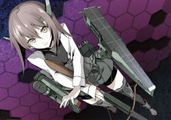 Rule 34 | 10s, 1girl, atoshi, bike shorts, bow (weapon), brown eyes, brown hair, crossbow, from above, headgear, honeycomb (pattern), honeycomb background, kantai collection, personification, short hair, solo, taihou (kancolle), thighhighs, weapon
