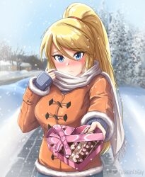 Rule 34 | 1girl, blonde hair, blue eyes, blush, box, breasts, canadiananiguy, chocolate, coat, commentary, day, english commentary, hair between eyes, heart-shaped box, highres, incoming gift, jacket, large breasts, long sleeves, metroid, nintendo, nose blush, orange jacket, outdoors, ponytail, samus aran, scarf, solo, valentine, white scarf, winter, winter clothes, winter coat