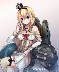 Rule 34 | 10s, 1girl, aoi tsukikage, bare shoulders, blonde hair, blue eyes, blush, braid, breasts, cleavage, crown, dress, french braid, garter straps, hairband, kantai collection, large breasts, long hair, long sleeves, looking at viewer, machinery, mini crown, off shoulder, sitting, smile, solo, thighhighs, throne, warspite (kancolle), white dress