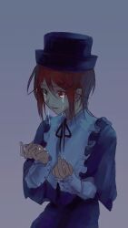 Rule 34 | 1girl, androgynous, black hat, black ribbon, blue pants, blue shirt, brown hair, commentary, crying, crying with eyes open, gradient background, green eyes, grey background, hair between eyes, hat, heterochromia, highres, long sleeves, neck ribbon, ourei (nemushiro16), pants, parted lips, porkpie hat, red eyes, ribbon, rozen maiden, sad, shirt, short hair, sidelocks, solo, souseiseki, tears, tomboy, upper body, w arms