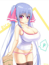 Rule 34 | 1girl, bag, bare arms, bare shoulders, black thighhighs, blush, breasts, camisole, character name, chestnut mouth, cleavage, collarbone, commentary request, covered navel, groin, hair between eyes, hair ribbon, hand on own stomach, holding, holding bag, huge breasts, long hair, lowleg, lowleg panties, no pants, original, panties, paper bag, parted lips, pink ribbon, purple eyes, purple hair, ribbon, riko (shuz), shortstack, shuz (dodidu), solo, spoken squiggle, squiggle, striped clothes, striped panties, thighhighs, twintails, twitter username, underwear, very long hair, white camisole