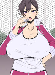 Rule 34 | 1girl, breasts, cleavage, hand on own hip, huge breasts, looking at viewer, mole, mole under mouth, nishida megane, purple eyes, tagme, track suit, whistle