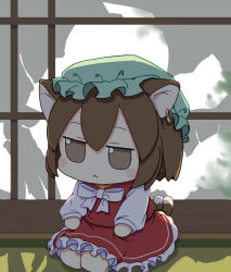 1girl :&lt; absurdres animal_ear_piercing animal_ears blush_stickers bow bowtie brown_eyes brown_hair cat_ears cat_tail chen closed_mouth commentary_request earrings frilled_skirt frills full_body fumo_(doll) green_hat hat highres jewelry kame_(kamepan44231) long_sleeves mob_cap multiple_tails red_skirt red_vest shirt short_hair single_earring sitting skirt skirt_set solo tail touhou two_tails vest white_bow white_bowtie white_shirt