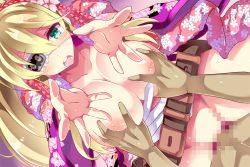 Rule 34 | 1boy, 1girl, :o, artist request, belt, blonde hair, grabbing another&#039;s breast, breasts, censored, eyepatch, floral print, flower knight girl, game cg, grabbing, green eyes, heart, heart in eye, hetero, huge breasts, ivy (flower knight girl), japanese clothes, kimono, long hair, looking at viewer, mosaic censoring, nipples, official art, open mouth, outstretched hand, pink kimono, print eyepatch, print kimono, purple background, sex, solo focus, symbol in eye, vaginal