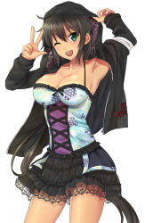 Rule 34 | 10s, 1girl, ;d, arm up, armpits, bad id, bad pixiv id, black hair, black skirt, blouse, breasts, cleavage, collarbone, cowboy shot, cross-laced clothes, frilled skirt, frills, green eyes, homura (senran kagura), hood, hoodie, impossible clothes, lace, lace-trimmed skirt, lace trim, large breasts, long hair, long sleeves, looking at viewer, miniskirt, new yukuyon, no bra, one eye closed, open clothes, open hoodie, open mouth, ponytail, senran kagura, shirt, skirt, sleeveless, smile, solo, spaghetti strap, star (symbol), star print, tan, tanline, unzipped, v, very long hair, w, white background, zipper