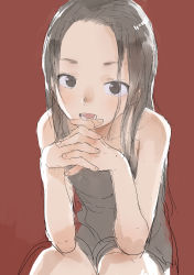 Rule 34 | 1girl, black dress, black eyes, black hair, commentary request, dress, feet out of frame, forehead, hands up, highres, interlocked fingers, looking at viewer, open mouth, original, own hands together, parted bangs, red background, simple background, sketch, sleeveless, sleeveless dress, solo, squatting, yamamoto souichirou