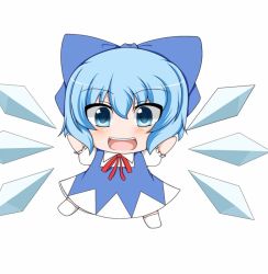 Rule 34 | 1girl, \o/, arms up, blue eyes, blue hair, chibi, cirno, dress, embodiment of scarlet devil, female focus, full body, matching hair/eyes, outstretched arms, ribbon, short hair, simple background, smile, solo, touhou, white background, wings, zefyu