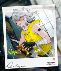 Rule 34 | 1boy, artist request, bandaged arm, bandages, bare shoulders, black gloves, blush, box, character name, copyright name, cowboy shot, dutch angle, fingerless gloves, gift, gift box, girls&#039; frontline, girls&#039; frontline neural cloud, gloves, grey hair, hair between eyes, highres, holding, holding gift, hood, hood down, hoodie, indoors, locker, looking at viewer, male focus, medium hair, octogen (neural cloud), official art, open mouth, pectorals, polaroid, red eyes, sleeveless, sleeveless hoodie, solo, sweat, valentine, yellow hoodie