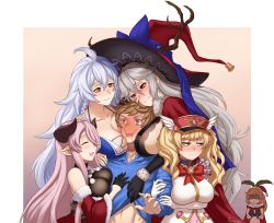 Rule 34 | 1boy, 5girls, @ @, ahoge, archer (nocternam), bikini, bikini top only, black gloves, blonde hair, blush, bow, braid, breast envy, breast smother, breasts, brown eyes, brown hair, christmas dress, clarisse (granblue fantasy), clothes lift, draph, face to breasts, full-face blush, gloves, gran (granblue fantasy), granblue fantasy, grey hair, hat, highres, horns, large breasts, magisa (granblue fantasy), monika weisswind, multiple girls, narmaya (granblue fantasy), pink hair, pointy ears, red eyes, santa hat, shaded face, shirt lift, signature, silva (granblue fantasy), smile, surrounded by breasts, swimsuit, twintails, white gloves, witch hat