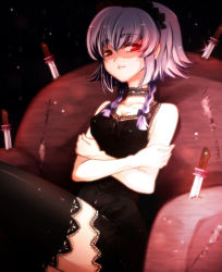 Rule 34 | 1girl, alternate costume, bad id, bad pixiv id, bare shoulders, black thighhighs, bow, braid, breasts, chair, choker, cleavage, couch, crossed arms, embodiment of scarlet devil, female focus, fusuma (not found), hair bow, husuma, izayoi sakuya, knife, maid headdress, red eyes, short hair, silver hair, sitting, solo, thighhighs, throwing knife, touhou, twin braids, weapon
