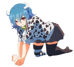 Rule 34 | 1girl, absurdres, all fours, blue hair, blush, breasts, closed mouth, cow girl, cow horns, cow tail, highres, horns, jashin-chan dropkick, large breasts, looking at viewer, minos (jashin-chan dropkick), red eyes, short hair, shumazarashi, simple background, smile, solo, tail, thighhighs, white background