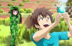 Rule 34 | 1boy, 1girl, :d, absurdres, arms up, blue shirt, blurry, blurry background, brown hair, collarbone, commentary, cosplay, creeper, creeper (cosplay), diamond (gemstone), english commentary, grass, green eyes, grin, highres, holding, hood, hoodie, huge filesize, kono subarashii sekai ni shukufuku wo!, looking at another, looking up, luizhtx, megumin, minecraft, onesie, open mouth, outdoors, plant, red eyes, satou kazuma, shirt, short hair with long locks, short sleeves, sleeves past fingers, sleeves past wrists, smile, sparkle, standing, steve? (cosplay), steve (minecraft), t-shirt, teeth