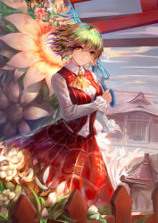 Rule 34 | 2girls, absurdres, architecture, blue sky, chinese commentary, closed umbrella, cloud, cloudy sky, collared shirt, commentary request, day, east asian architecture, fence, flower, frilled sleeves, frills, green hair, hakurei reimu, hakurei shrine, hei xue, highres, holding, holding umbrella, kazami yuuka, long sleeves, looking at viewer, multiple girls, neckerchief, outdoors, plaid, plaid skirt, plaid vest, shirt, short hair, shrine, skirt, sky, solo focus, touhou, umbrella, vest, white shirt, wooden fence, yellow eyes, yellow neckerchief