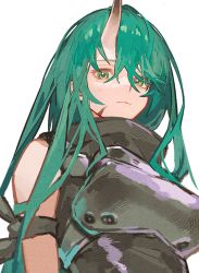 Rule 34 | 1girl, arknights, armor, bare shoulders, breastplate, breasts, closed mouth, facial scar, green hair, horns, hoshiguma (arknights), light smile, long hair, looking at viewer, medium breasts, qiqu, scar, scar on cheek, scar on face, shirt, simple background, single horn, skin-covered horns, sleeveless, solo, white shirt, yellow eyes