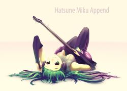 Rule 34 | character name, green hair, guitar, hatsune miku, hatsune miku (append), highres, instrument, lying, self-upload, simple background, solo, victor fedotov, vocaloid, vocaloid append