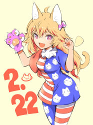 Rule 34 | 1girl, :d, ahoge, american flag dress, american flag legwear, animal ears, animal hands, animal print, blonde hair, bow, breasts, bright pupils, cat day, cat ears, cat girl, cat print, cat tail, clownpiece, colored eyelashes, commentary request, cowboy shot, crossed bangs, dated, eyelashes, fang, gloves, hair between eyes, hair bow, hands up, highres, ichizen (o tori), kemonomimi mode, long hair, looking at viewer, one-hour drawing challenge, open mouth, paw gloves, paw pose, pink bow, purple eyes, short eyebrows, short sleeves, simple background, single glove, skin fang, small breasts, smile, solo, spiked hair, tail, touhou, v-shaped eyebrows, white pupils, yellow background