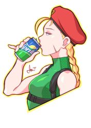 Rule 34 | 1girl, 2019, antenna hair, beret, blonde hair, blue eyes, braid, cammy white, can, capcom, drink can, drinking, eyeshadow, facial scar, from side, green leotard, hat, highres, its just suppi, leotard, long hair, looking at viewer, looking to the side, makeup, pinky out, product placement, red hat, scar, scar on cheek, scar on face, signature, soda can, solo, sprite (drink), street fighter, street fighter v, twin braids