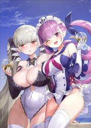 Rule 34 | 2girls, :o, ;d, adapted costume, alcohol, azur lane, bare shoulders, blush, braid, breasts, cleavage, crystal shoujo, cup, cupping glass, drinking glass, elbow gloves, formidable (azur lane), frills, gloves, groin, hair ribbon, highres, holding, holding cup, hololive, large breasts, long hair, long sleeves, looking at viewer, minato aqua, multicolored hair, multiple girls, nail polish, one-piece swimsuit, one eye closed, open mouth, parted lips, purple eyes, purple hair, red eyes, ribbon, smile, swimsuit, thighhighs, twintails, two-tone hair, two-tone ribbon, very long hair, virtual youtuber, white gloves, white legwear