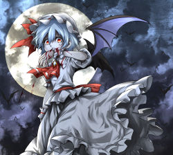 Rule 34 | 1girl, absurdres, ascot, bat (animal), bat wings, blood, blood on clothes, blood on hands, brooch, commentary request, dark background, flat chest, frilled shirt, frilled skirt, frills, full moon, hair between eyes, hat, highres, jewelry, looking at viewer, mob cap, moon, night, puffy short sleeves, puffy sleeves, purple hair, red ascot, red eyes, remilia scarlet, shimoda masaya, shirt, short hair, short sleeves, skirt, solo, touhou, white hat, white shirt, white skirt, wings, wrist cuffs