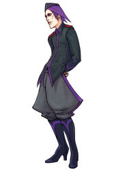 Rule 34 | 1boy, adder, advance wars, advance wars: dual strike, arms behind back, boots, eyeshadow, full body, garrison cap, hat, high heels, highres, hirata ryou, knee boots, lips, makeup, male focus, military, military uniform, nintendo, official art, purple hair, shoes, short hair, simple background, adder (advance wars), snake (famicom wars), solo, standing, uniform