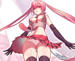 Rule 34 | 1girl, arms at sides, bad id, bad pixiv id, black gloves, black thighhighs, breasts, comic, cropped vest, elbow gloves, from below, gloves, hatsune miku, highres, long hair, looking at viewer, necktie, nipples, panties, pink hair, pink theme, quuni, red theme, solo, thighhighs, twintails, underwear, upskirt, vest, vocaloid, white panties, zoom layer