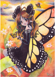Rule 34 | 1girl, antenna hair, bare shoulders, black dress, brown hair, bug, butterfly, butterfly on hand, butterfly wings, cloud, detached sleeves, dress, flower, hair ornament, insect, insect wings, long hair, mosho, no shoes, open mouth, original, painting (medium), pantyhose, pointy ears, signature, sitting, smile, solo, sunset, teeth, traditional media, watercolor (medium), white pantyhose, wings
