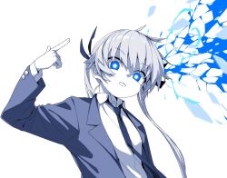 1girl blue_theme collared_shirt finger_gun finger_gun_to_head hair_between_eyes hair_ribbon highres jacket kill_me_baby long_hair long_sleeves looking_at_viewer monochrome necktie open_clothes open_jacket parody persona persona_3 pose_imitation ribbon shirt simple_background solo sonya_(kill_me_baby) twintails upper_body yachima_tana